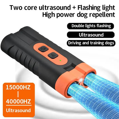 New Upgraded Two Headed Sonic Dog Repeller Ultrasonic Bark Stopper Flashlight 2 in 1 Device Rechargeable Portable Pet Barking Control Tool Must Have Pet Essentials for Dog Walkers Pet Lovers